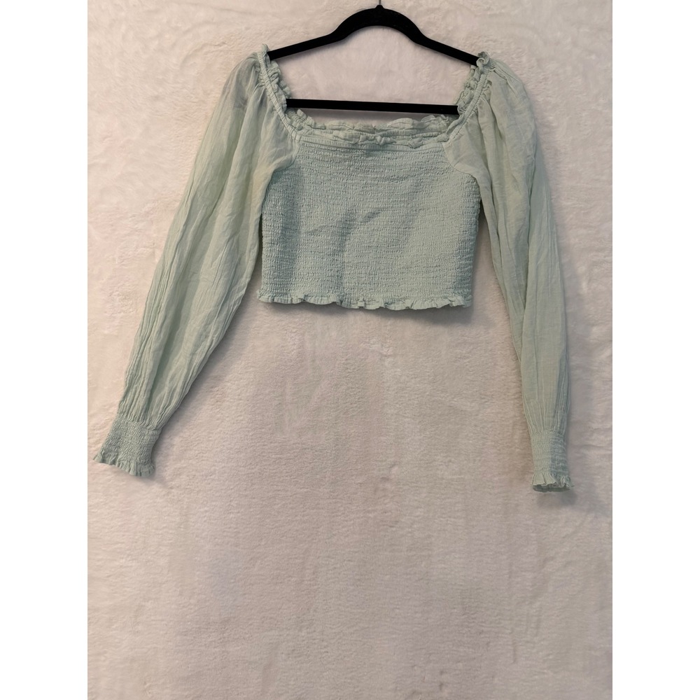 Aerie Smocked Crop Top Womens Small Mint Green Long Sleeve Boho Ruffle Blouse